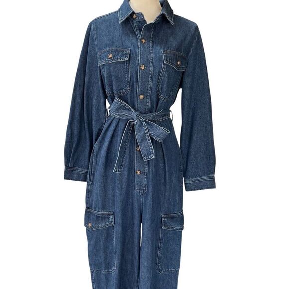 Boyish by Her Troy Denim Belted Cargo Pocket Button Front Jumpsuit Size Medium - Picture 2 of 8
